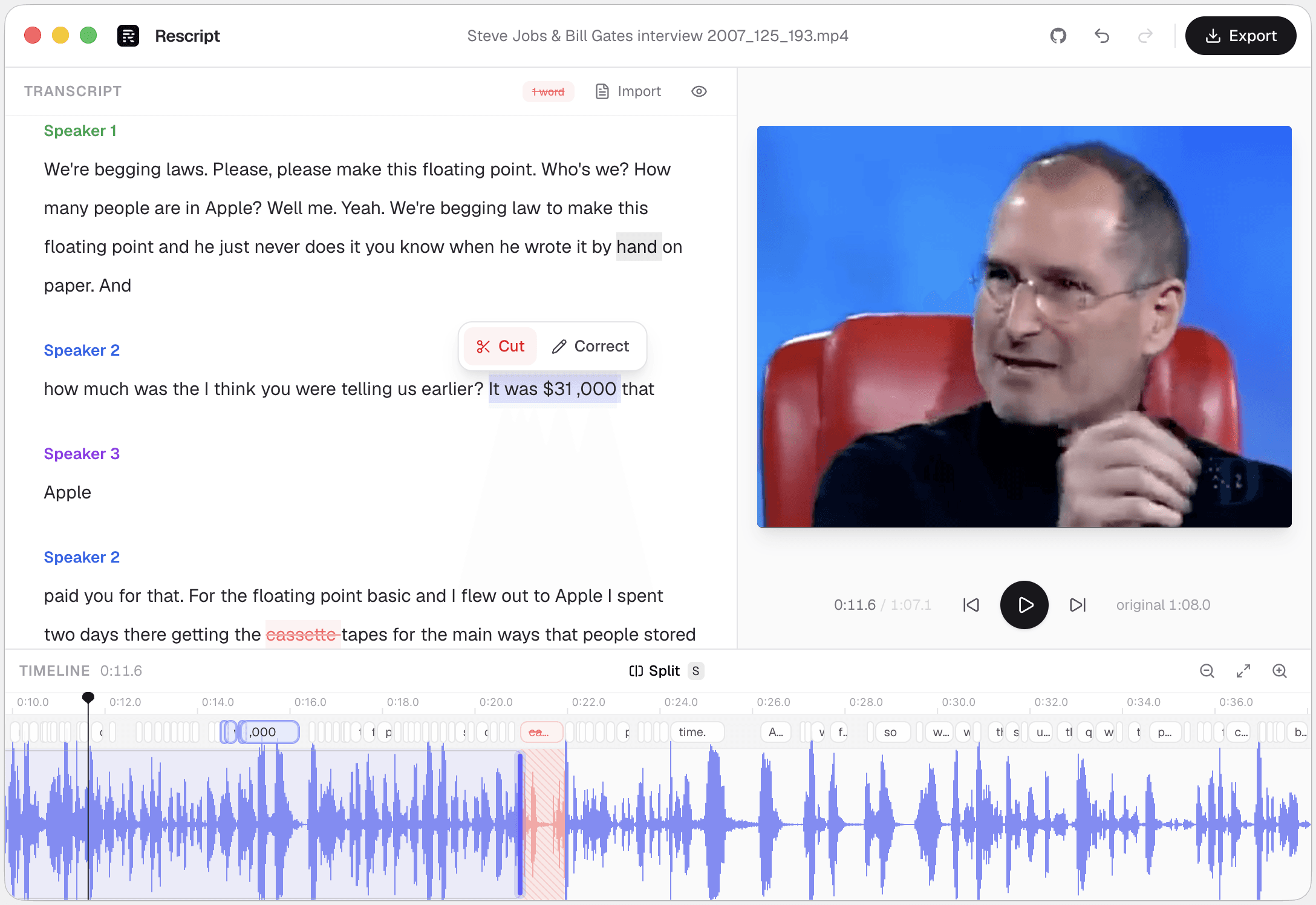 The Rescript editor: a transcript on the left with a struck-through word, video preview on the right, and a waveform timeline underneath.